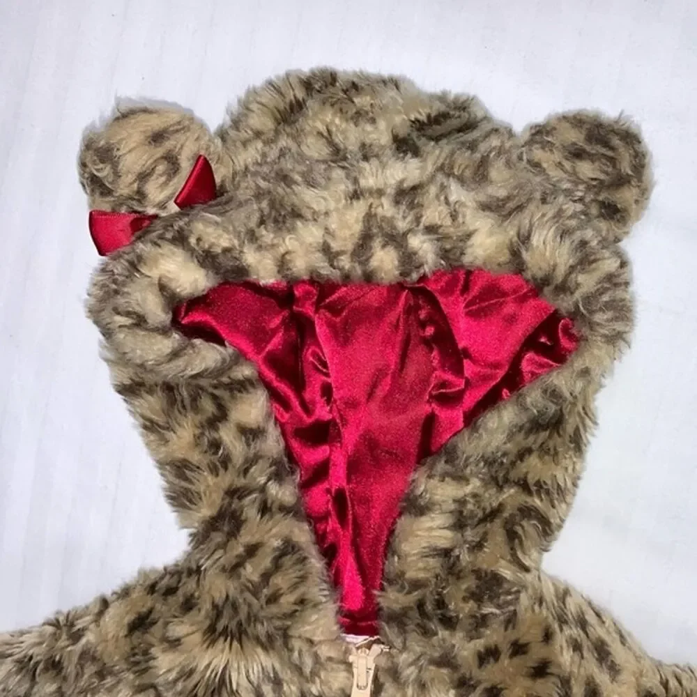 Leopard Cheetah Animal Print Faux Fur Tan Cat Hood Outerwear Fall Coat Jacket